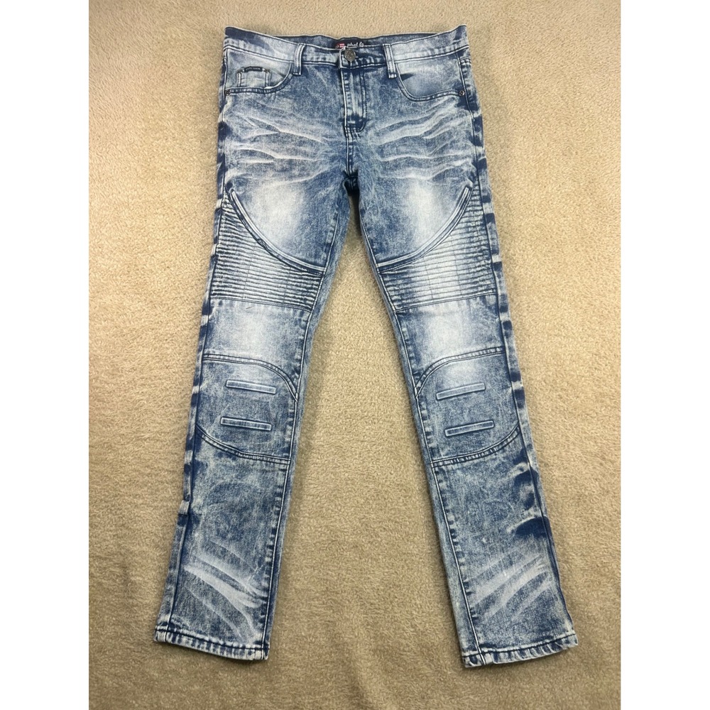 Phat Farm Girls Skinny Fit Jeans Blue Acid Wash Moto Detail Size 14 Stretch
